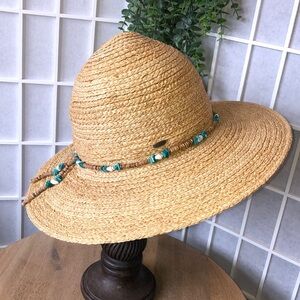Scala Women’s Raffia Wide Brim Sun Hat W/ Turquoise, Shell, & Wood Band